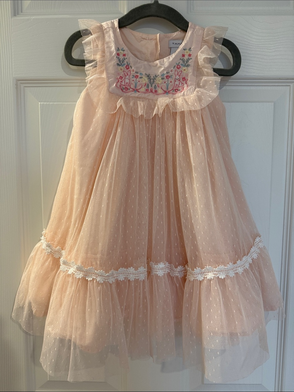 Tahari Peach Embroidered Ruffle Tulle Dress for Kids